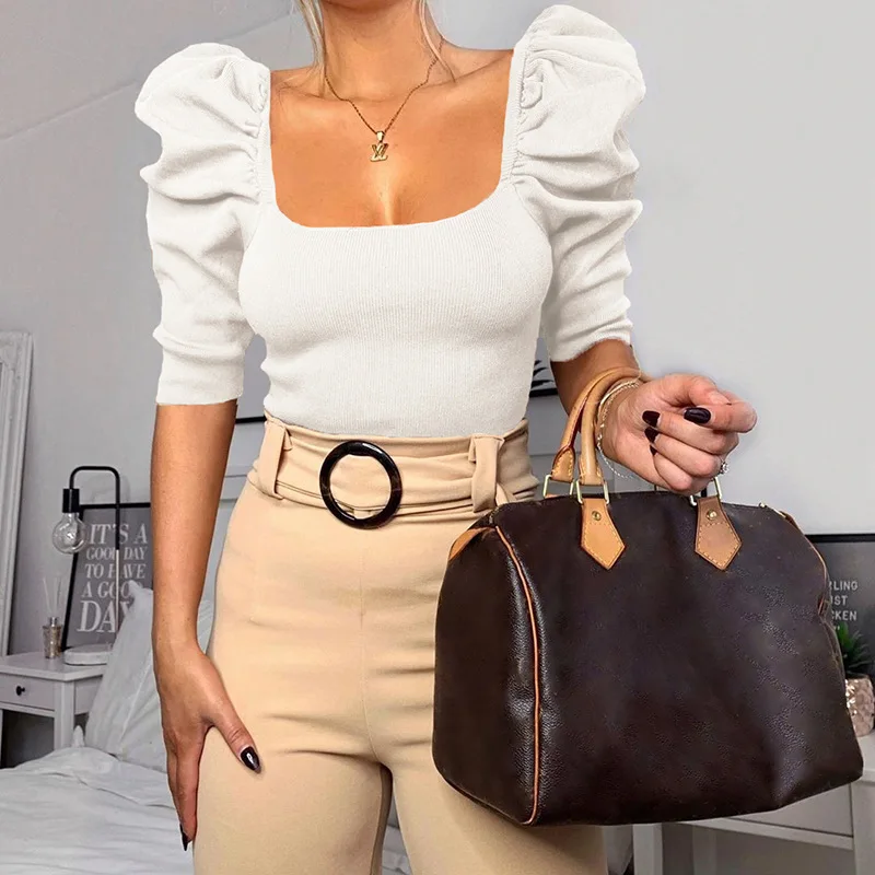 Винтажная Однотонная футболка в рубчик с пышными рукавами женский новый стиль 2020