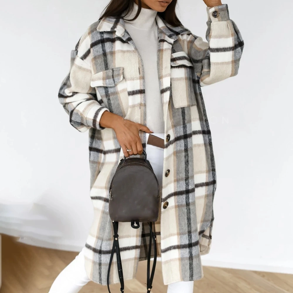 

2021 Winter Women Checked Jacket Casual Oversized Turn Down Collar Long Coat Female Thick Warm Woolen Blends Overcoat Streetwear