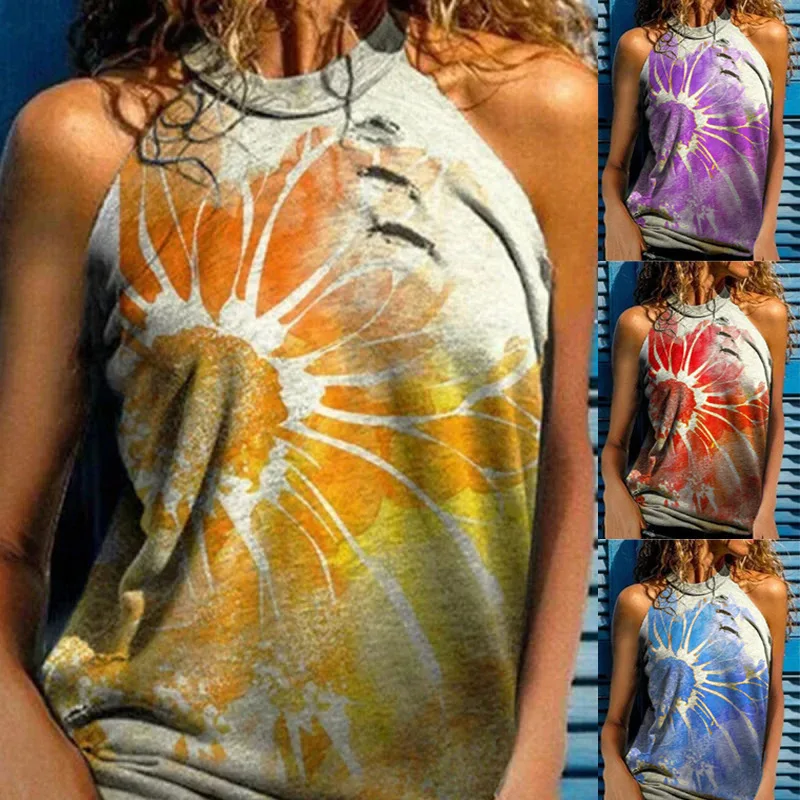 

New Fashion Casual Loose Flower Print Vest Summer Retro Sleeveless T-shirt Female Off-shoulder Tops Women Blouse