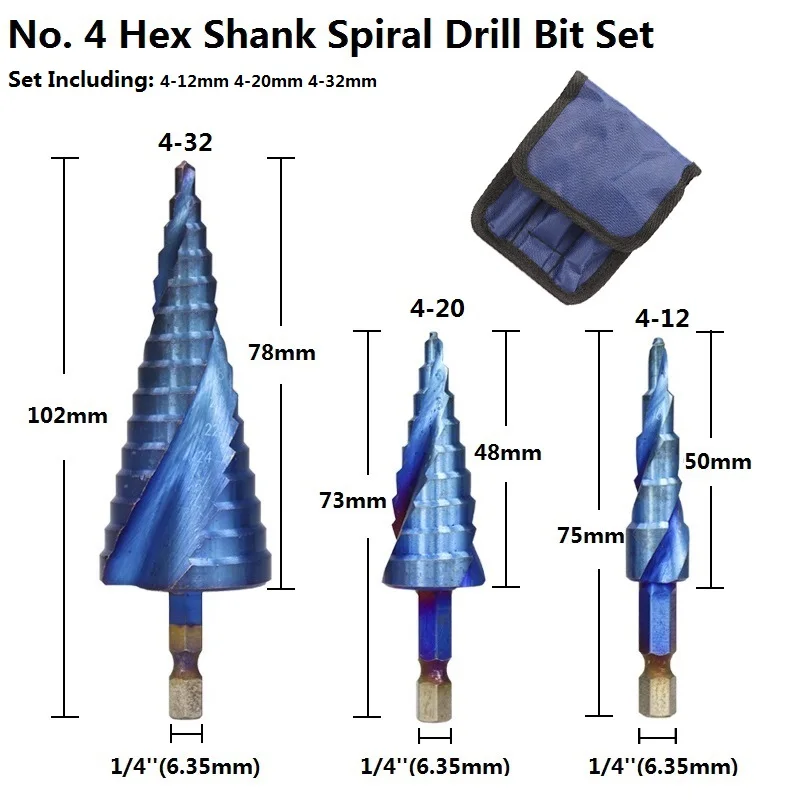 3pcs No.4 Set XCAN 4-32 мм HSS Nano с синим покрытием Ступенчатое сверло для сверления электроинструментов Металл Высокоскоростная сталь дерево Дырокол шаг конусное сверло - Цвет: 3pcs No.4 Set