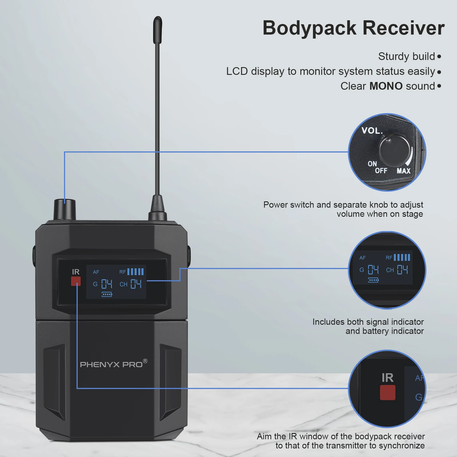 Phenyx Pro PTM-22 UHF Mono Dual Wireless in Ear Monitor System с набором для крепления в стойке (900 МГц)