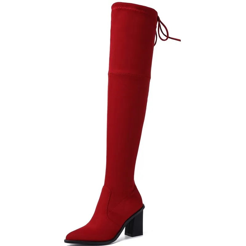 

2020 Women Over The Knee High Boots Hoof Heels Winter Shoes Pointed Toe Sexy Elastic Fabric Women Boots Size 34-43