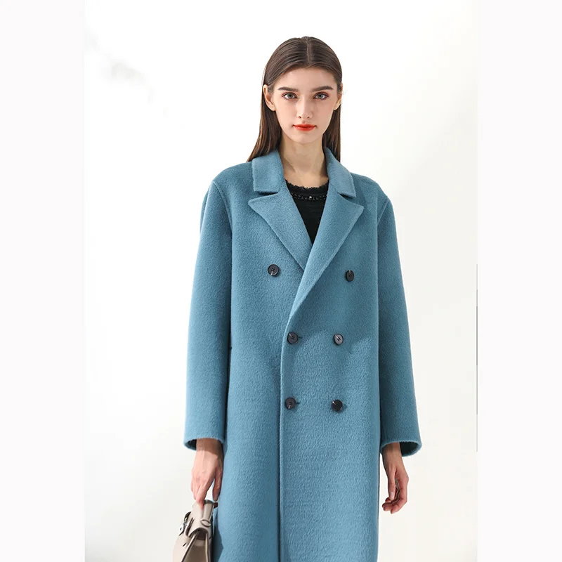 

Женское двубортное кашемировое пальто Shzq, синее шерстяное пальто средней и длинной длины с двусторонней отделкой, осень 2021