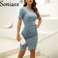women sexy party o neck party club bag hip mini dress ladies short sleeve bodycon bifurcation womens summer solid color dresses