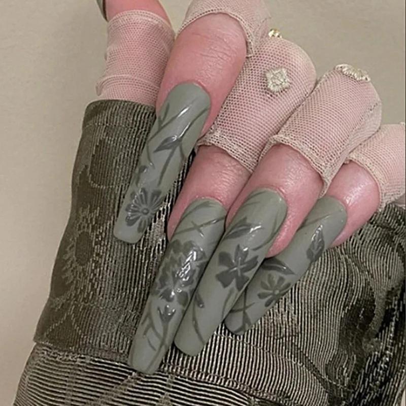 

European Fake Nails Green Pear and Green Petals Extra Long Fake Nail Stickers Full Cover Coffin Press On Nail Tips With Glue