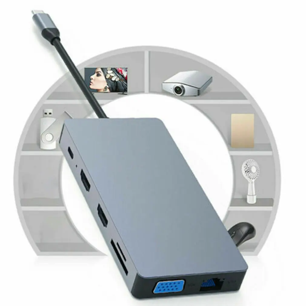 

12 in 1 Type C Laptop Docking Station USB 3.0 HDMI-compatible VGA PD USB Hub for MacBook SB-C Type C 3.1 Splitter 11 Port