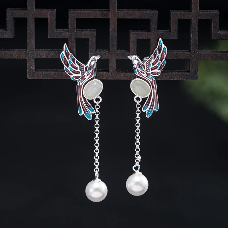 

925 Silver Personality Bird Earrings Girl's Retro National Style Nephrite Shell Pearl Earrings Lovely Animal Jewelry