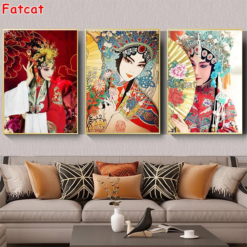 

Китайская традиционная алмазная живопись пекинской оперы, вышивка крестиком, полная квадратная/круглая Алмазная вышивка, 3 шт., Алмазная мозаика PP3149