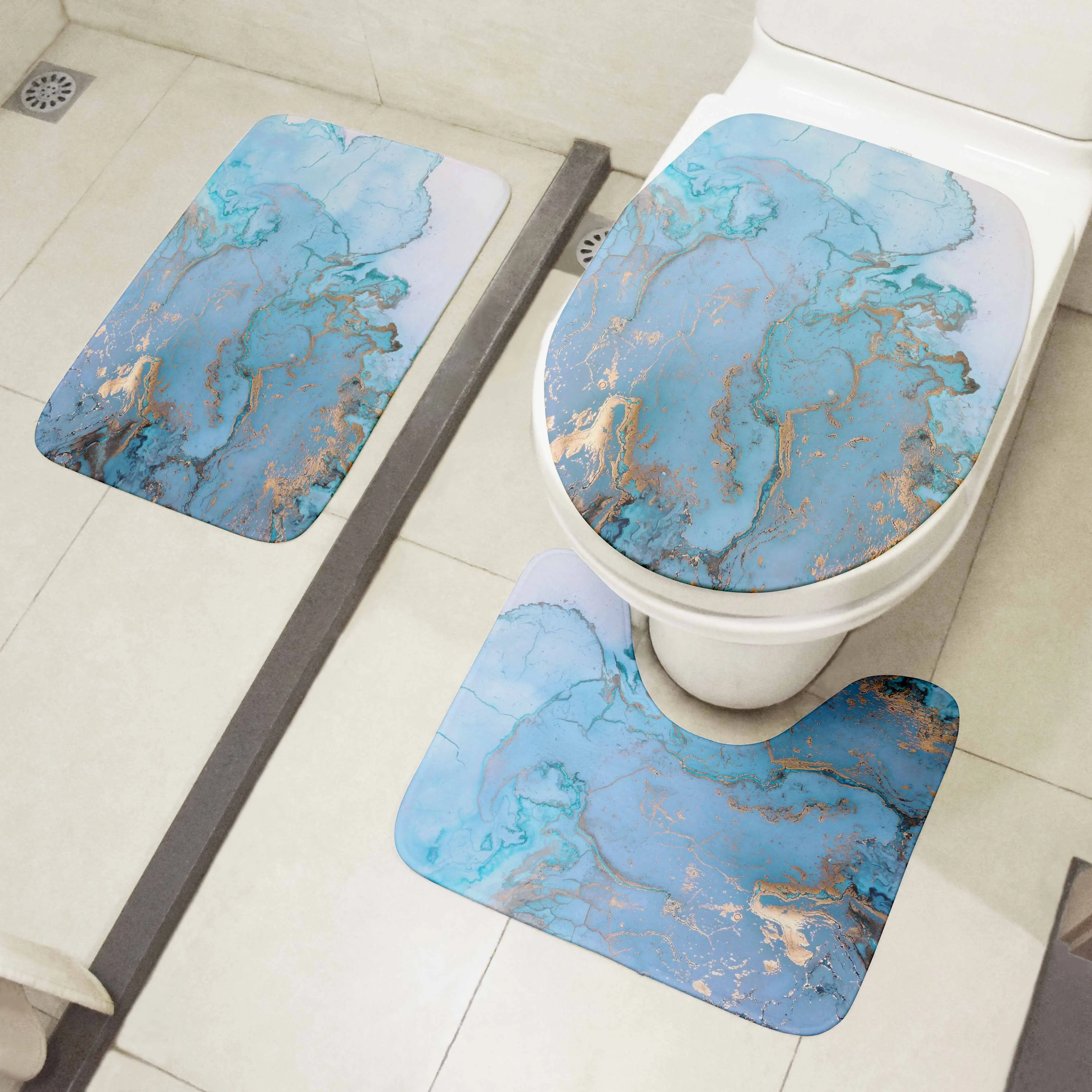 

3D Marble Bathroom Floor Mats Set Three-Piece Toilet Seat Cover Flannel Anti-Slip Carpet Shower Decoration Rug Entrance Door Mat