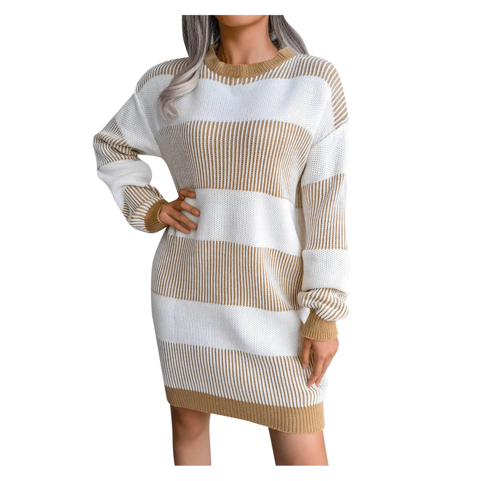 

Women'S Classic Autumn And Winter Color Block Striped Long Sleeve Round Neck Knit Sweater Wrapped Dresses Sweater