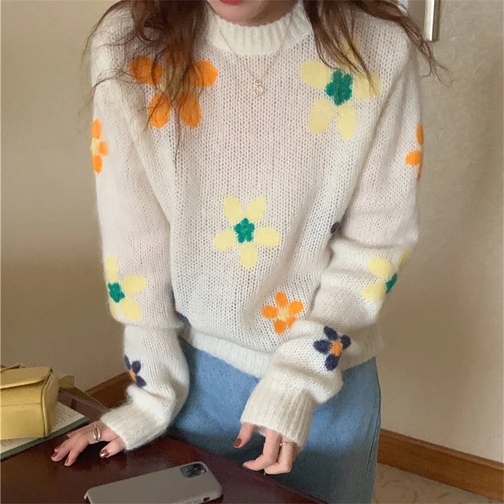 

동대문 Pullover Women Sweaters Embroidery Flowers Chic All Match Harajuku Knitted Loose Sweet Thicken Casual Hot Femme Jumpers
