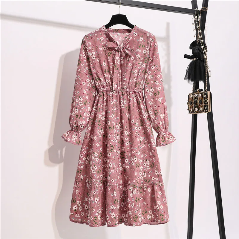 

11 Style Beautiful Fashion Summer Women Long Sleeve Dress Retro Collar Casual High Waist Dresses Floral Print Chiffon Clothing
