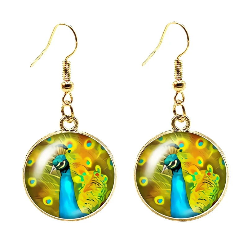 Женские серьги в стиле бохо выпуклые из стекла с узором виде павлиньих перьев