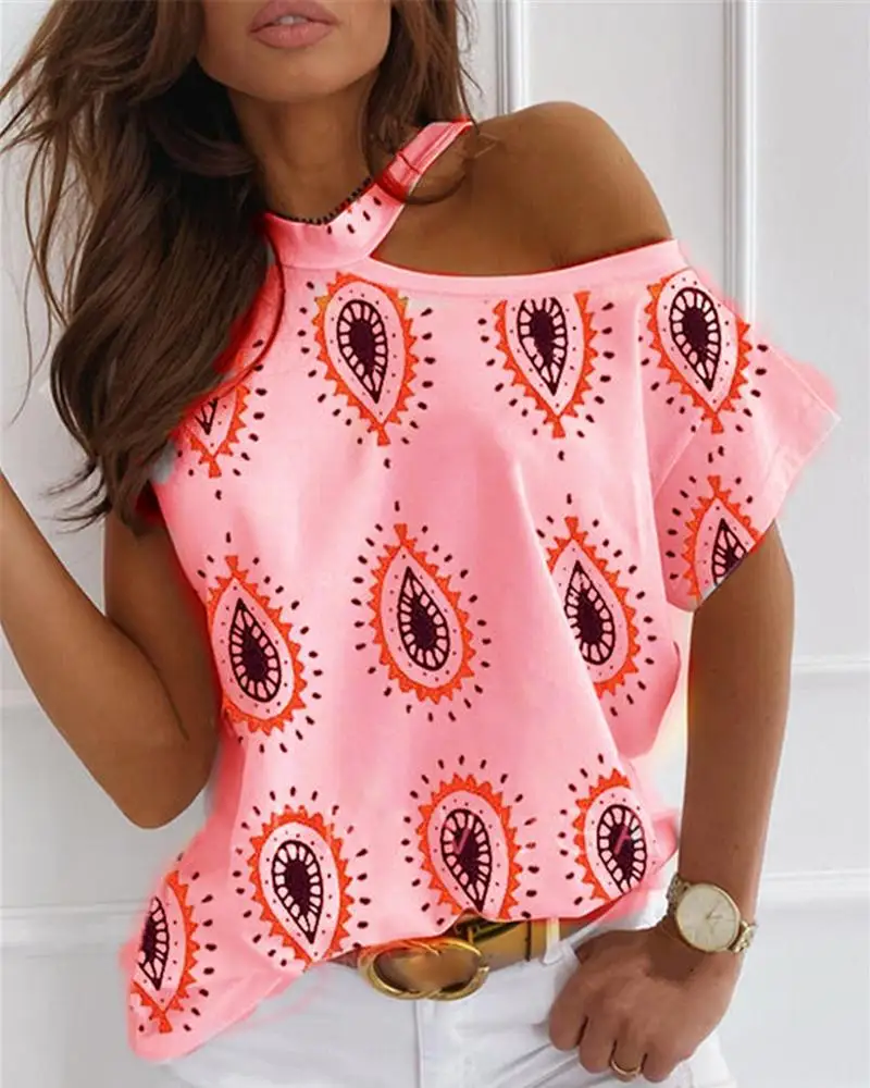 

Cold Shoulder Short Sleeve Oversized T shirt Summer Top Dew Drop Print Cold Shoulder Casual T-shirt