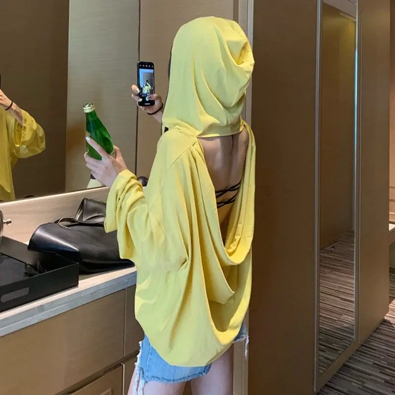 

White thin loose vest machine design sense hooded long-sleeved sun protection shirt T-shirt top student female summer