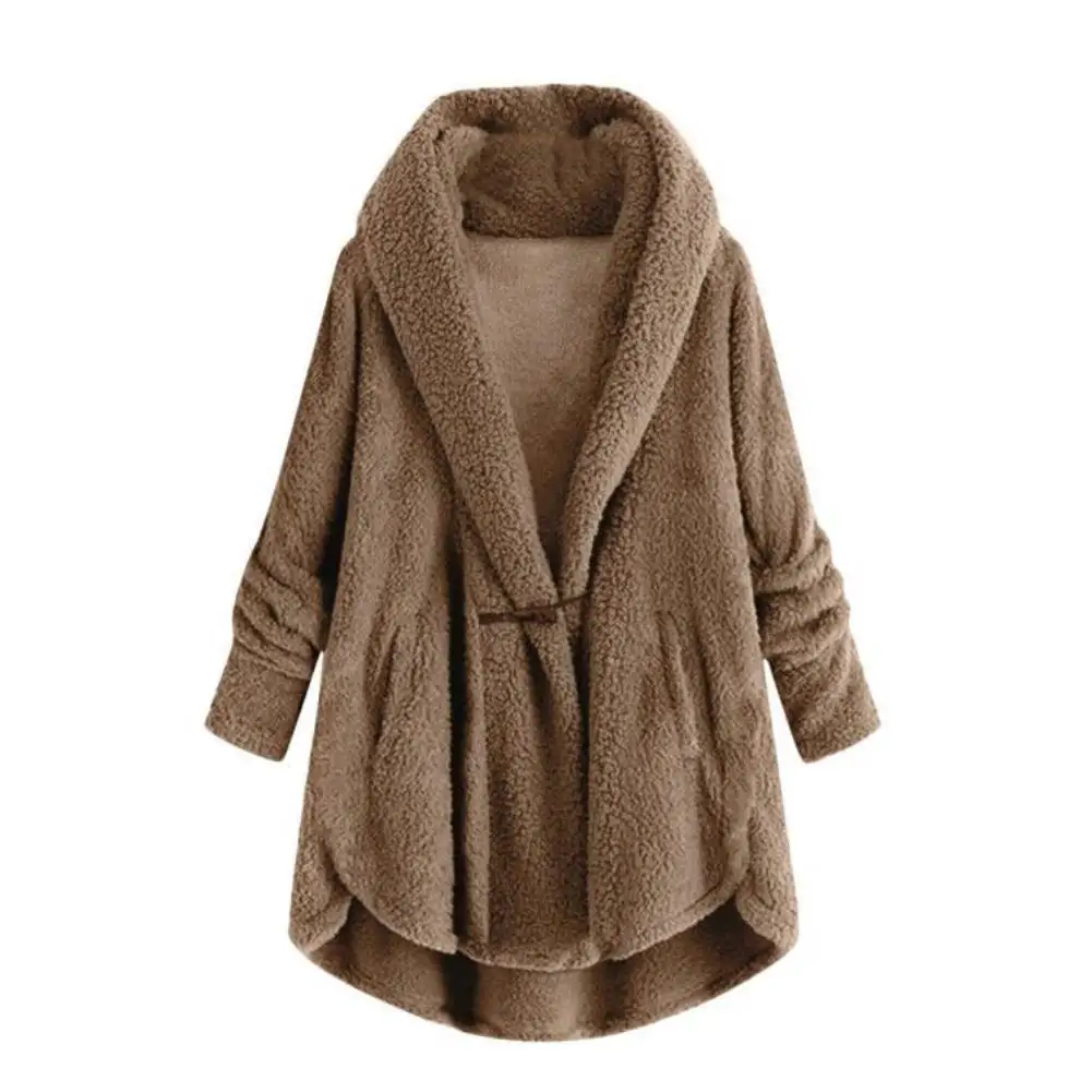 

Plus Size Women Coat Casual Solid Color Horn Button Irregular Hem Warm Hooded Coat Winter Loose Fleece Fluffy Outwear Coats