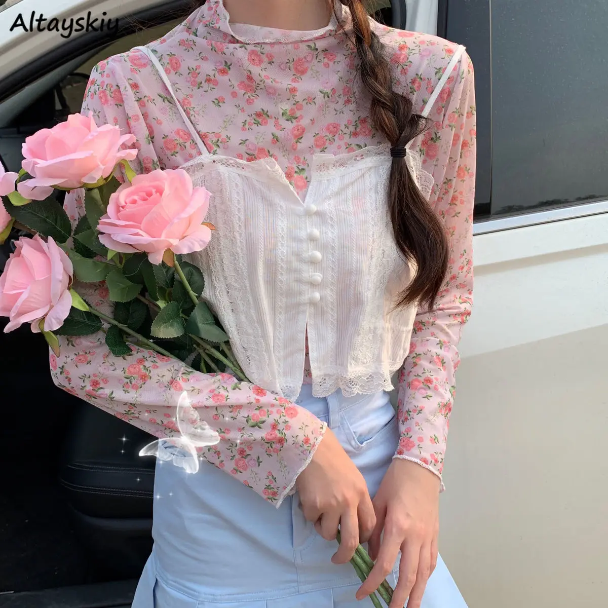 

Футболка женская с длинным рукавом, милый облегающий базовый топ с цветочным принтом, универсальная дышащая сетчатая футболка в Корейском ...