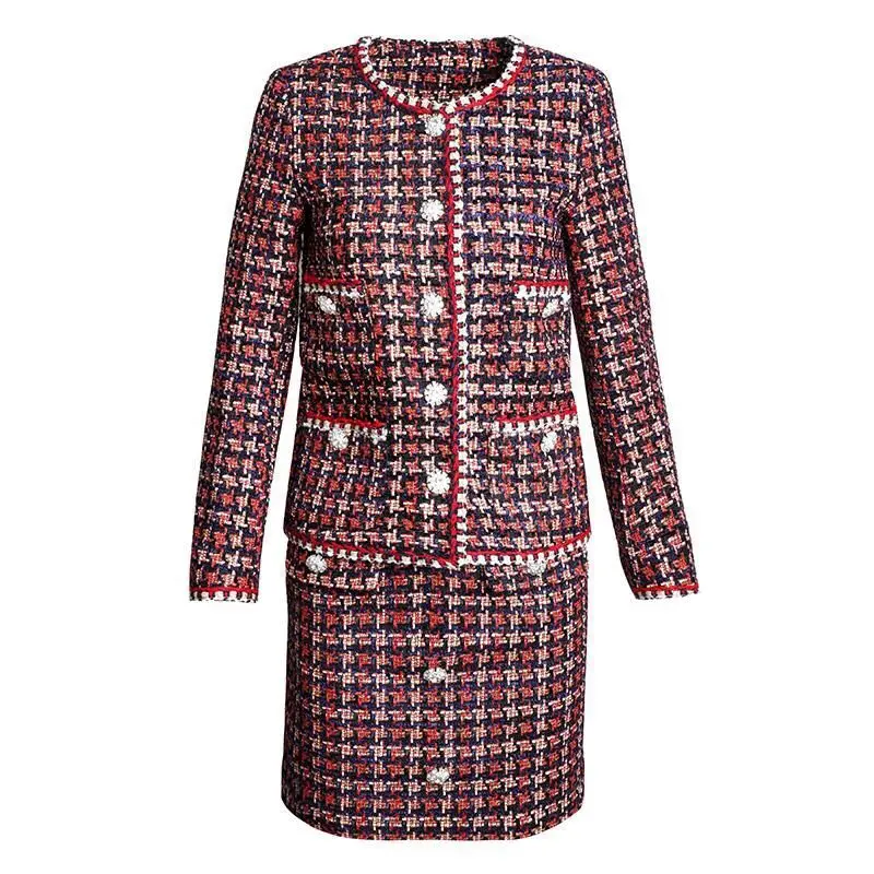 Осенне зимние женские сексуальные Твидовые костюмы модные топы + Юбки Комплекты