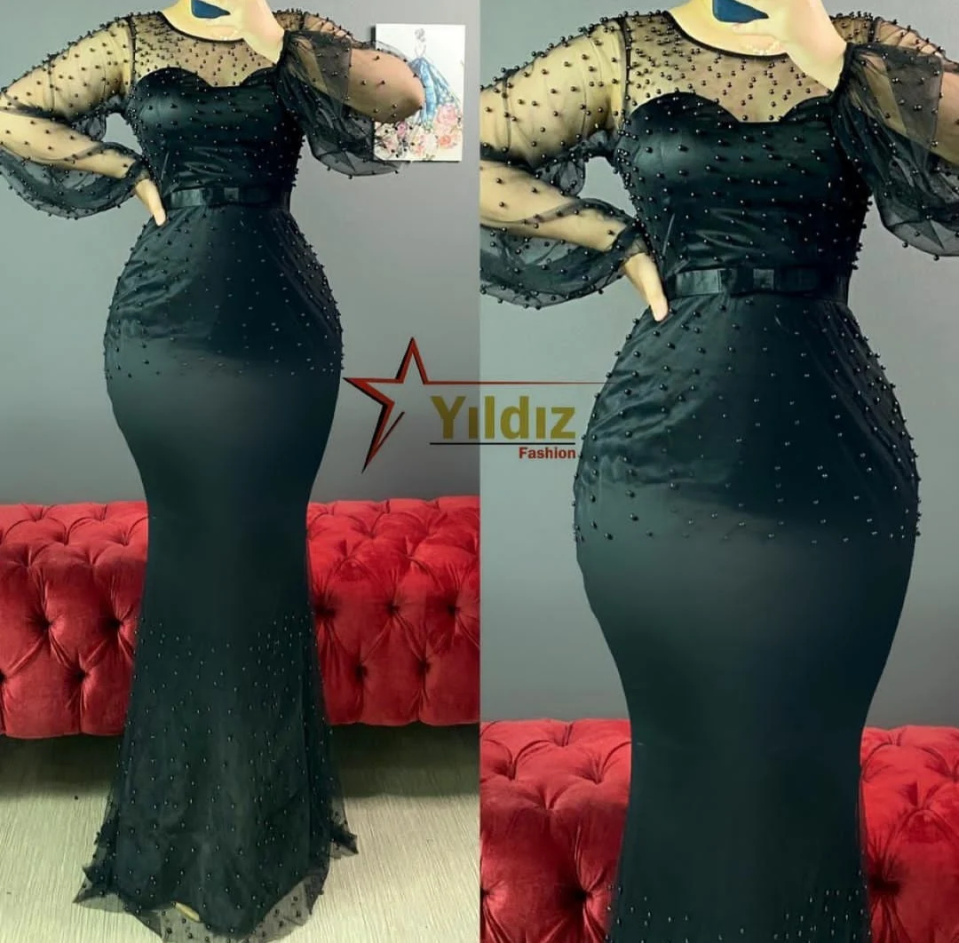 

Elegant Long Mermaid Beaded Prom Dresses with Sleeves Zipper Back Robe De Soiree Floor Length Formal Party Dresses for Women
