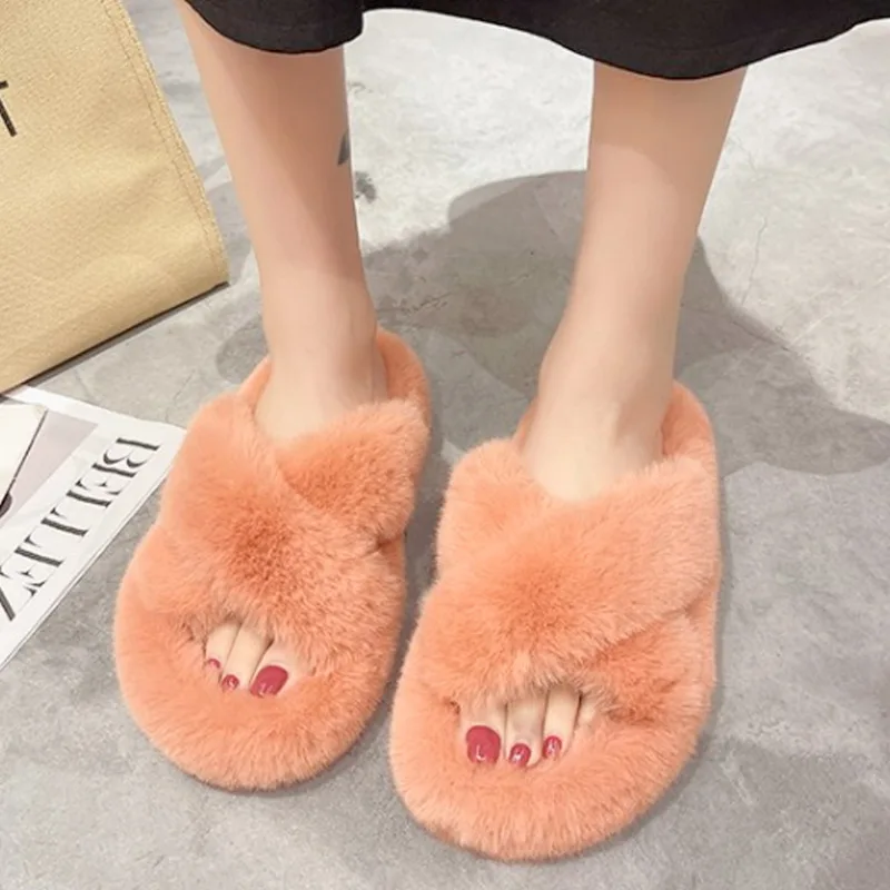 

Furry Ladies Slippers Winter Warm Indoor House Casual Shoes Woman Cute Fur Flip Flops Rubber Sole Non-Slip Flat Sandals Female
