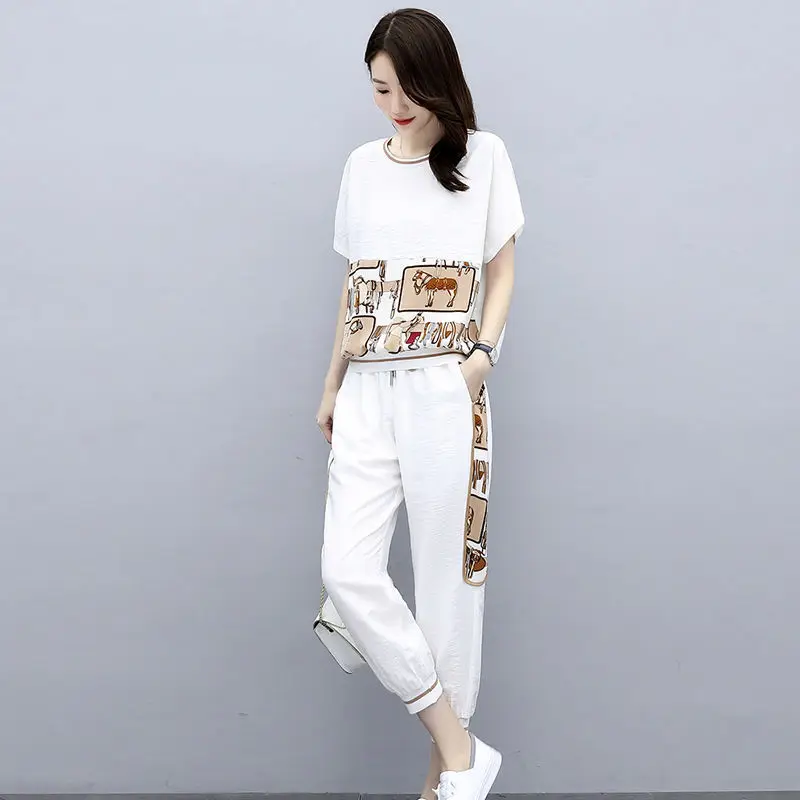 

Plus Size Women's Summer Suit Korean Style ladies Outfits Printed 2 Piece Set Women Trouser Suit 4xl Large Size Tracksuit Set