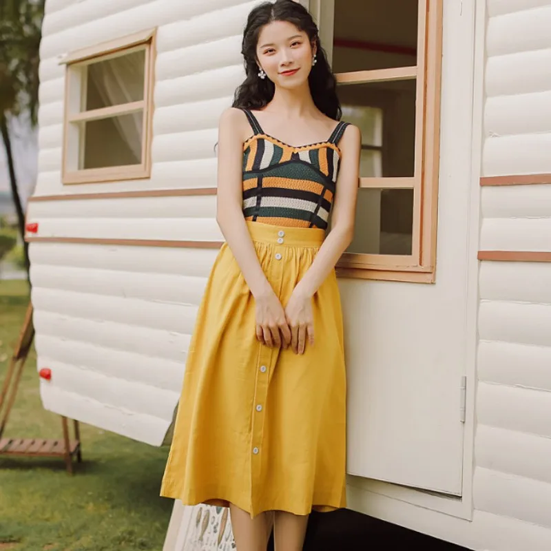 Новинка 2020 летний модный Цветной полосатый вязаный желтый жилет без рукавов топ +