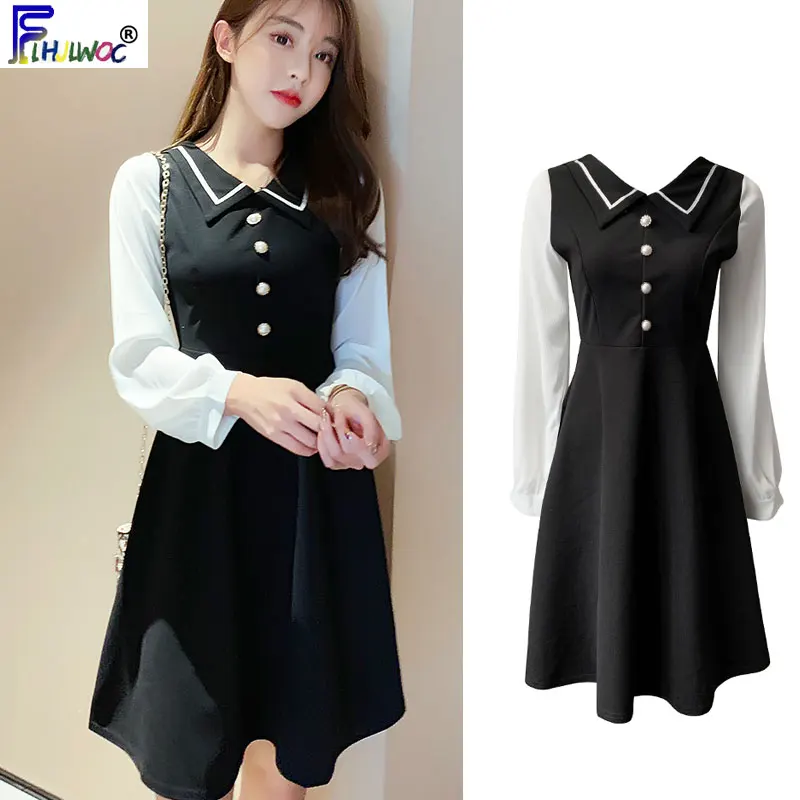 

Маленькие черные платья, женское платье в японском стиле с милым дизайном и датой, базовое милое платье для девушек с пэчворком и пуговицами...