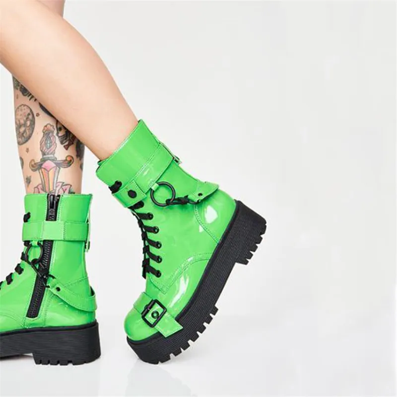 MStacchi женские стильные ботильоны для Для женщин обувь для ночного клуба, на платформе, с пряжкой и ремешками крест-накрест; женская обувь из искусственного материала(ПУ); женские туфли на высоком каблуке каблук флуоресцентный зеленый ботинок