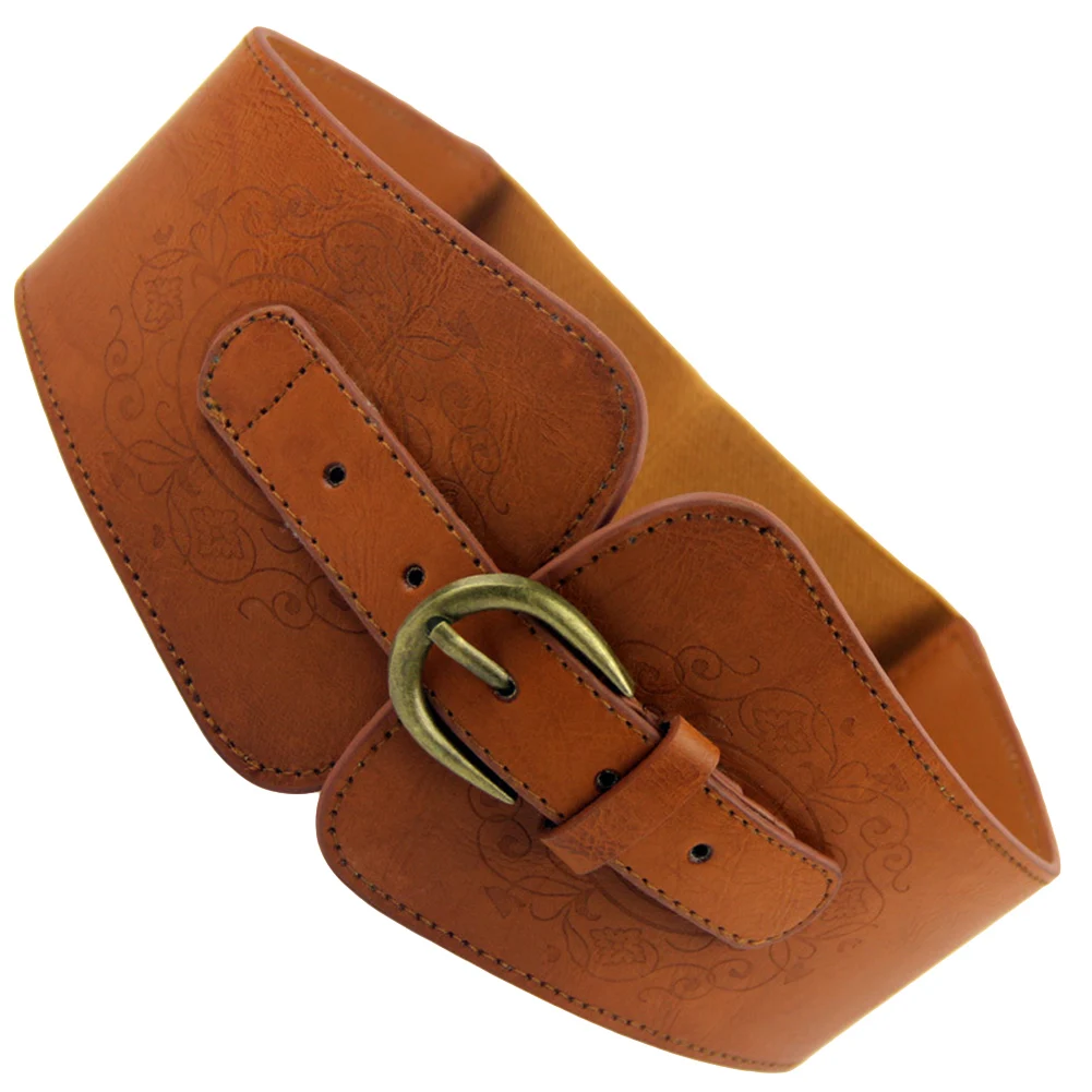 

Vintage Women Faux Leather Buckle Elastic Wide Belt Strap Solid Color Waistband Easy to match with your daily outfit