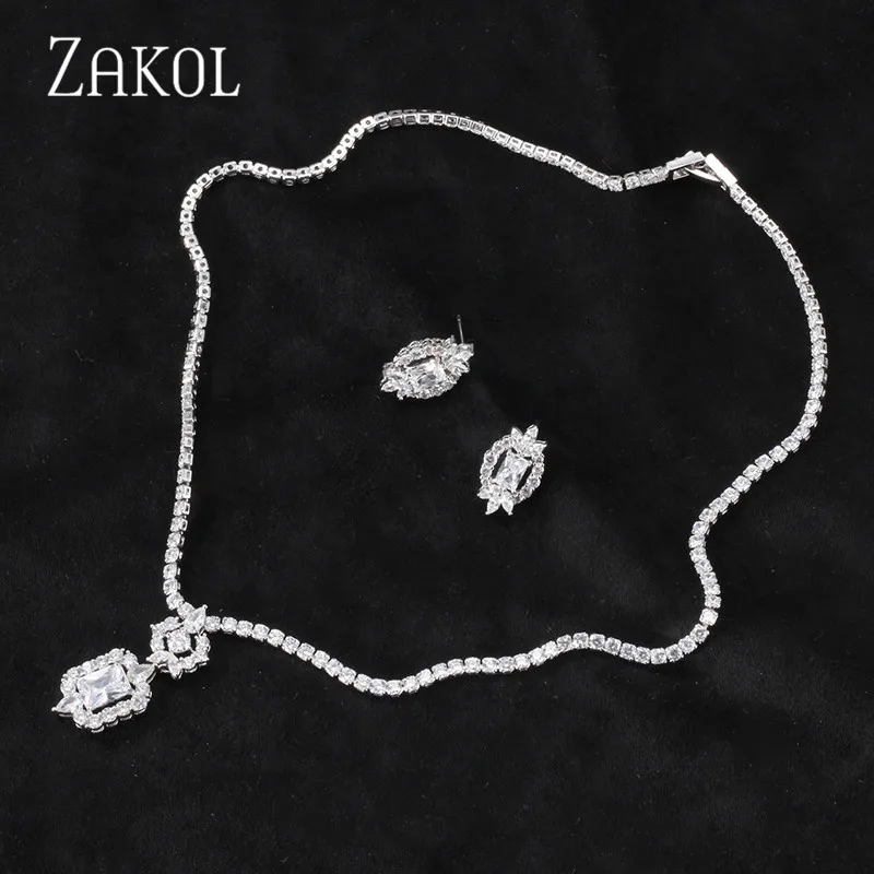 ZAKOL новейший роскошный Искрящийся кубический циркон серьги ожерелье тяжелый ужин комплект ювелирных изделий Свадебные аксессуары для одежды FSSP462