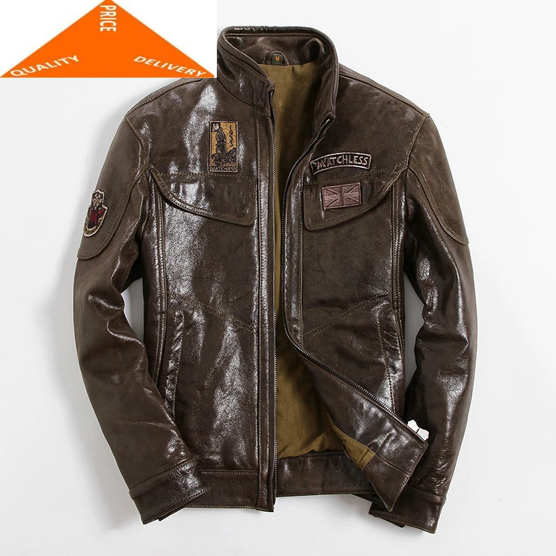 

Men Real Jacket Clothes 2020 Streetwear Fashion Mens Sheepskin Slim Fit Moto Biker Genuine Leather Coat 7009
