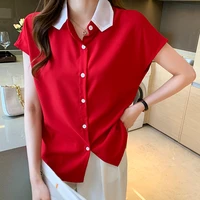 red shirt women office lady chiffon blouses button open stitch new 2022 summer tops short sleeve korean clothes chemisier femme
