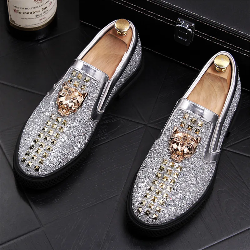 2021 New Luxury Men's Fashion Casual Shoes Gold/red Glitter Leisure Slip on Rivets Loafers Man Party Weeding Dress | Обувь