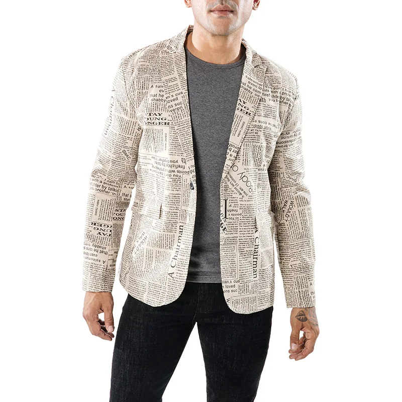

Костюм мужской с принтом газеты, приталенный пиджак на одной пуговице, блейзер с лацканами, Повседневная Уличная одежда, пальто, весна-осень