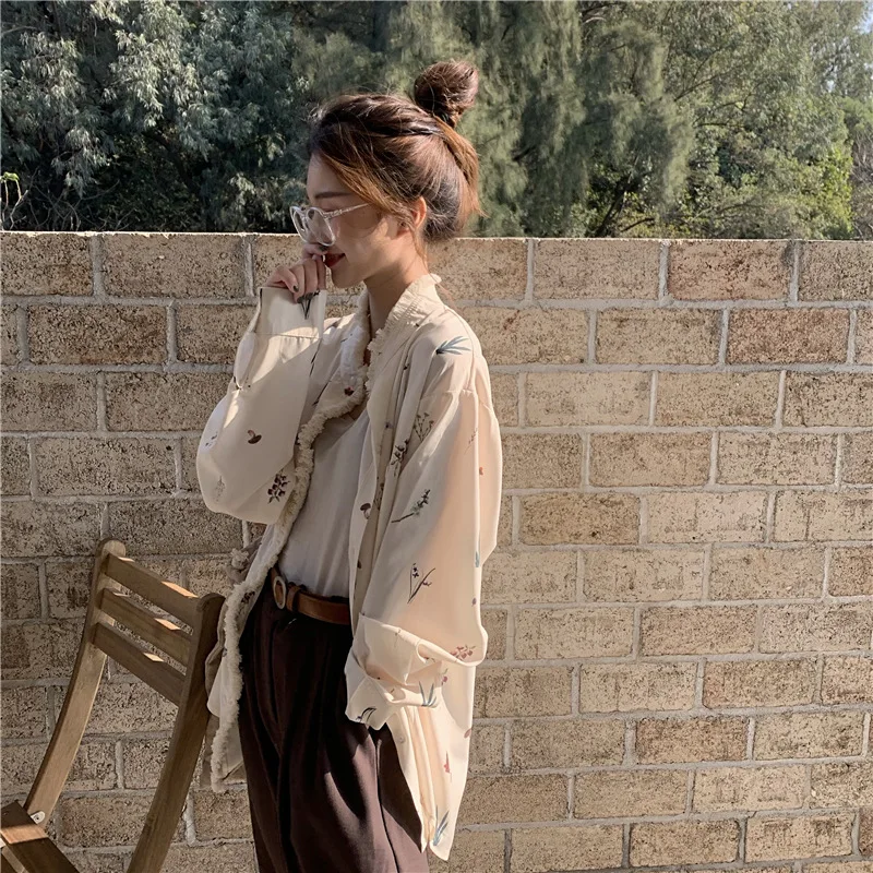 

Women Shirts Ladies Tops Small Fresh Botany Plants Printed Long Sleeve Tassels Spring Summer White Blouse Casual Shirt Blouse