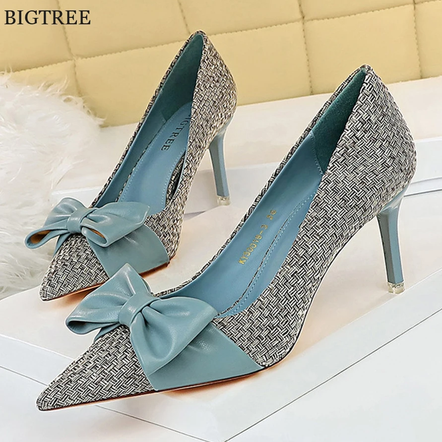 

Fashion Woven Patchwork Leather Bowknot Women Pumps Autumn Woman High Heels Shoes Pointy Toe Dress Ladies Wedding Shoes Stiletto