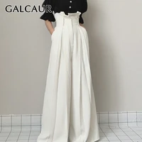 galcaur white full length trousers for women high waist loose plus size pleated ruffles wide leg pants female 2020 new clothing