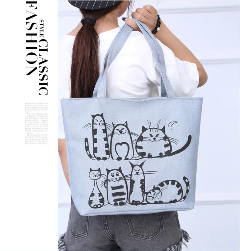 

Fashion Women Shopping Bags Cute Cartoon Cats Canvas Hobo Bag Large Tote Purse Shoulder Bags Travel Handbag Shopping Bag