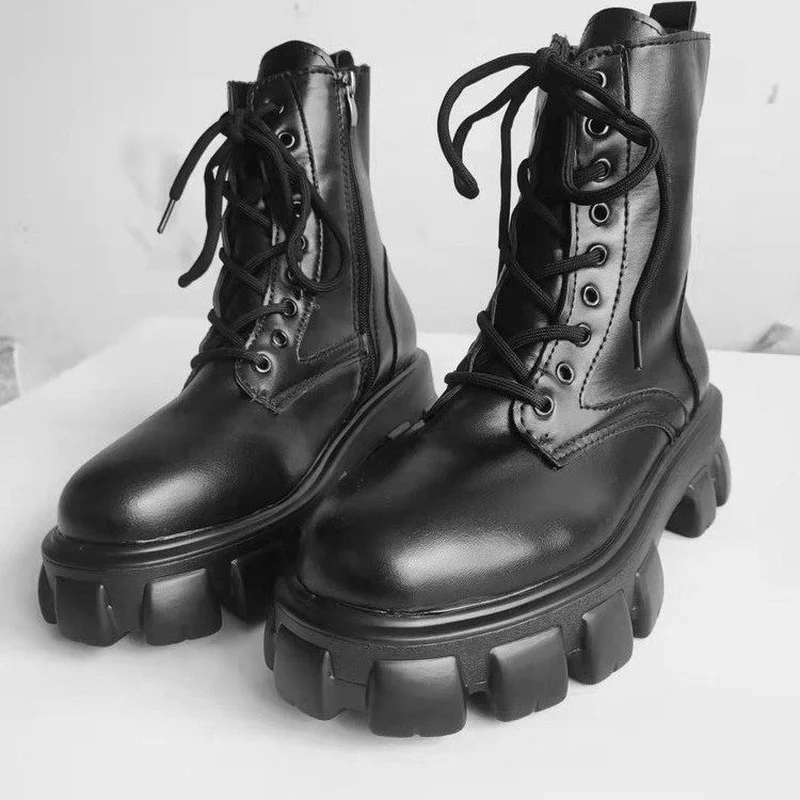 

Chunky Platform Ankle Boots for Women Autumn Winter Warm Plush PU Leather Botas Mujer Thick Sole Lace Up Shoes Woman Goth Boots
