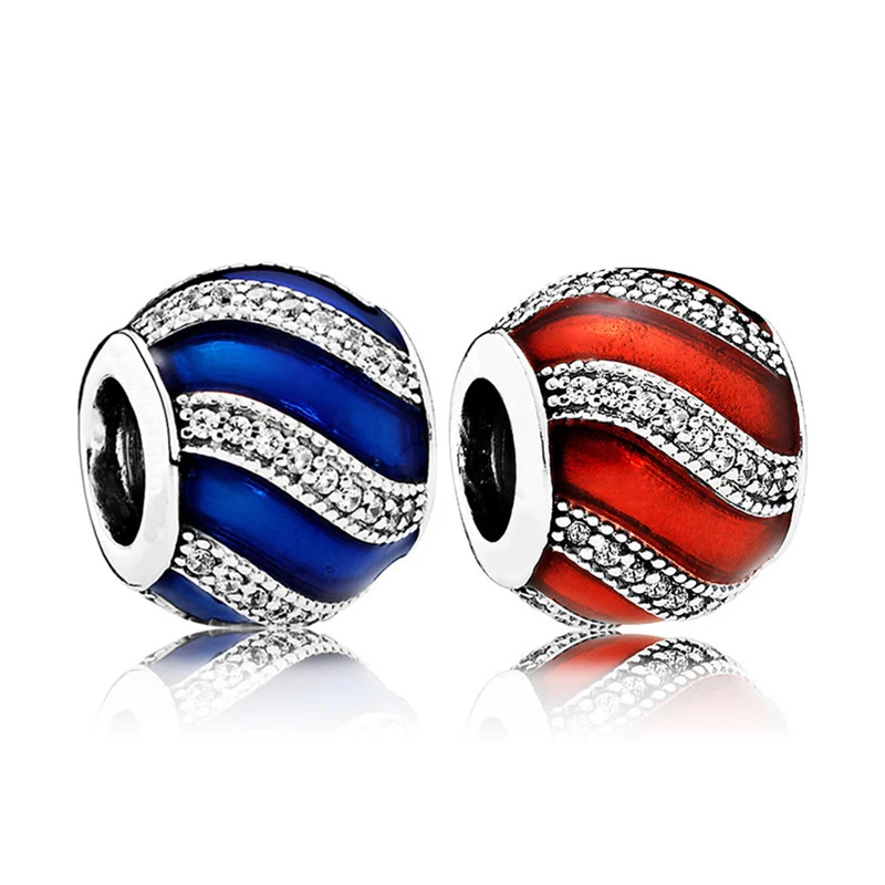 

925 Sterling Silver Adornment, Translucent Blue Red Enamel & Clear Cz Charms Bead Fit Pan Bracelet Jewelry