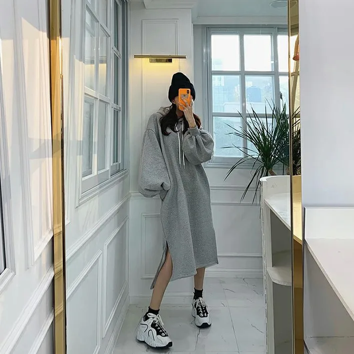 GETSPRING Women Dress Lantern Sleeve Split Thicken Hooded Dresses Gray Black Pink Vintage Plus Size Long Dresses New Autumn