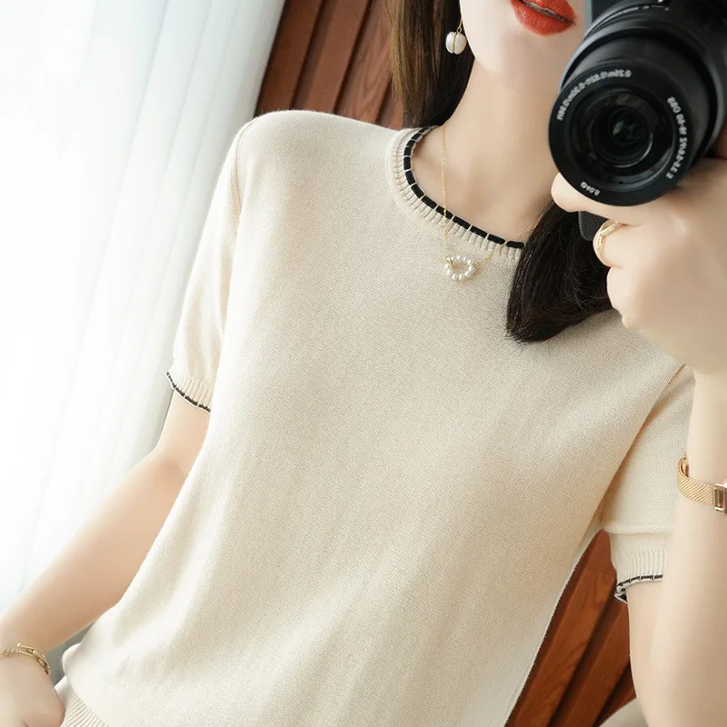 

Свитер женский из чистого хлопка, с круглым вырезом и коротким рукавом