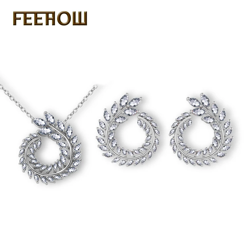 FEEHOW модный AAA циркон в форме оливкового листа кулон серьги ювелирный набор для