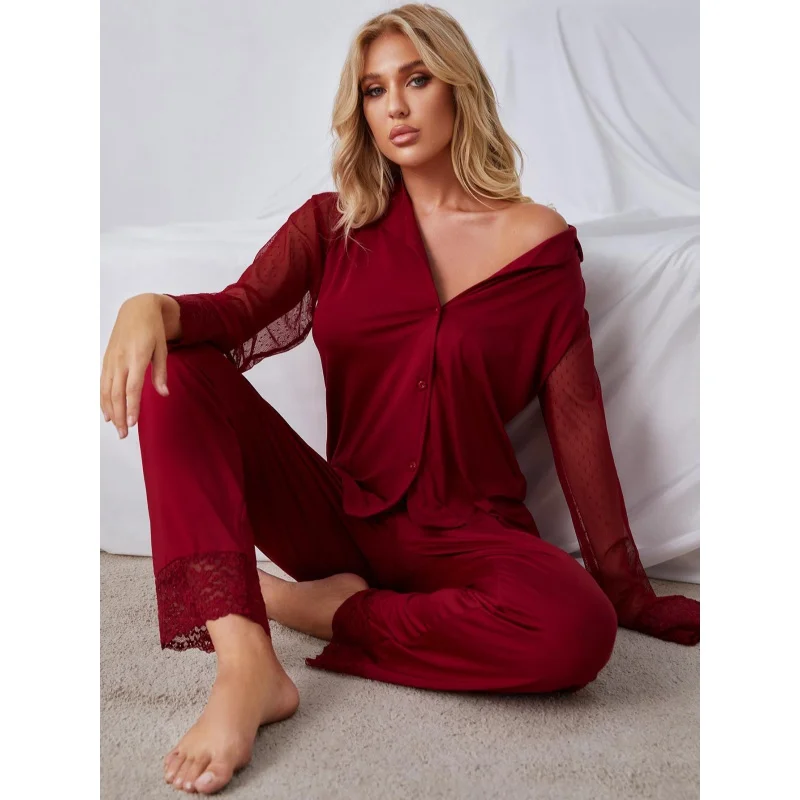 M-5XL European And American Home Service Solid Color Lace Mesh Long-Sleeved Trousers Pajama Set