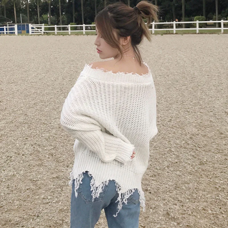 Autumn Winter Women Tassel Deep-V Knitted Pullover Female White Long Sleeve Knit Crochet Sweaters Cropped Jumper Pull Top | Женская
