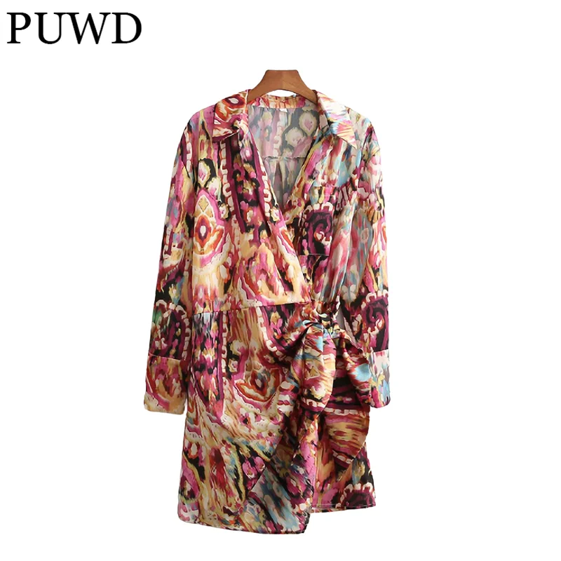 

PUWD Vintage Women Long Sleeve Knotted Mini Dress 2021 Autumn Fashion Ladies Flower Printing Loose Dress Female Chic Dresses