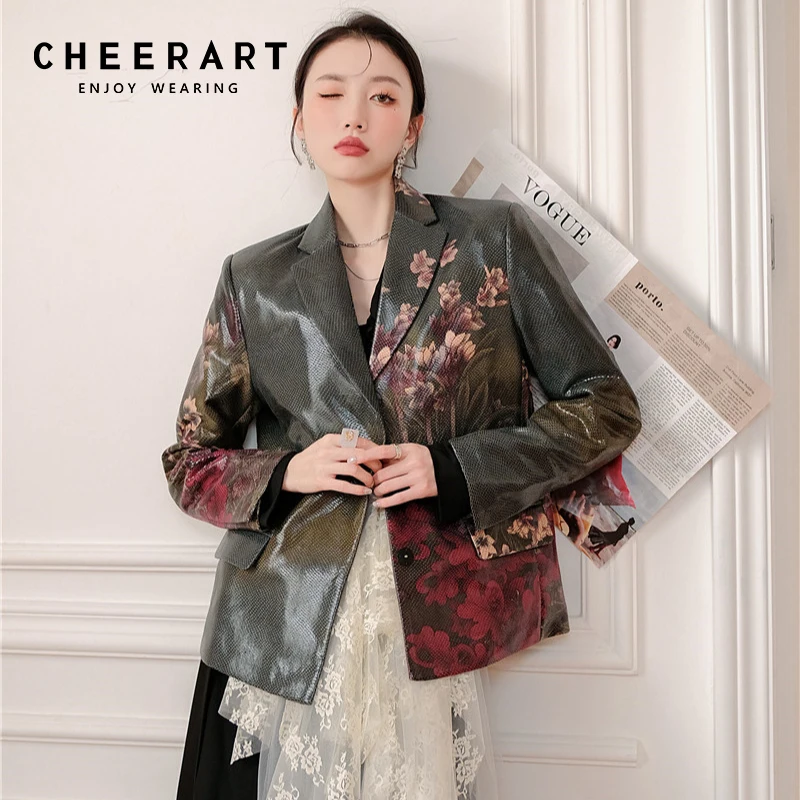 CHEERART Vintage Snake Pu Faux Leather Blazer Women Elegant Floral Print Shoulder Pad Designer Coat And Jacket Autumn Clothes