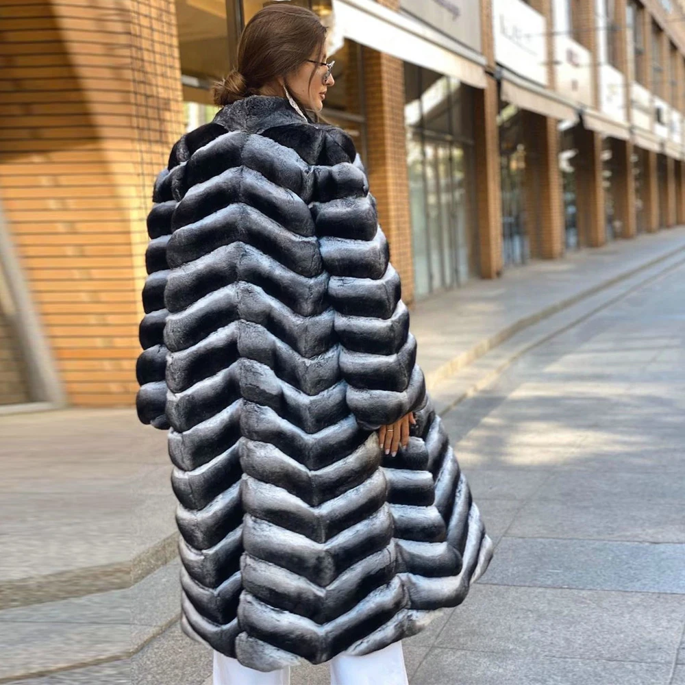 Fashion Long Real Rex Rabbit Fur Coat Stand Collar 2022 New Trendy Genuine Full Pelt Rex Rabbit Fur Coats Female Thick Overcoats