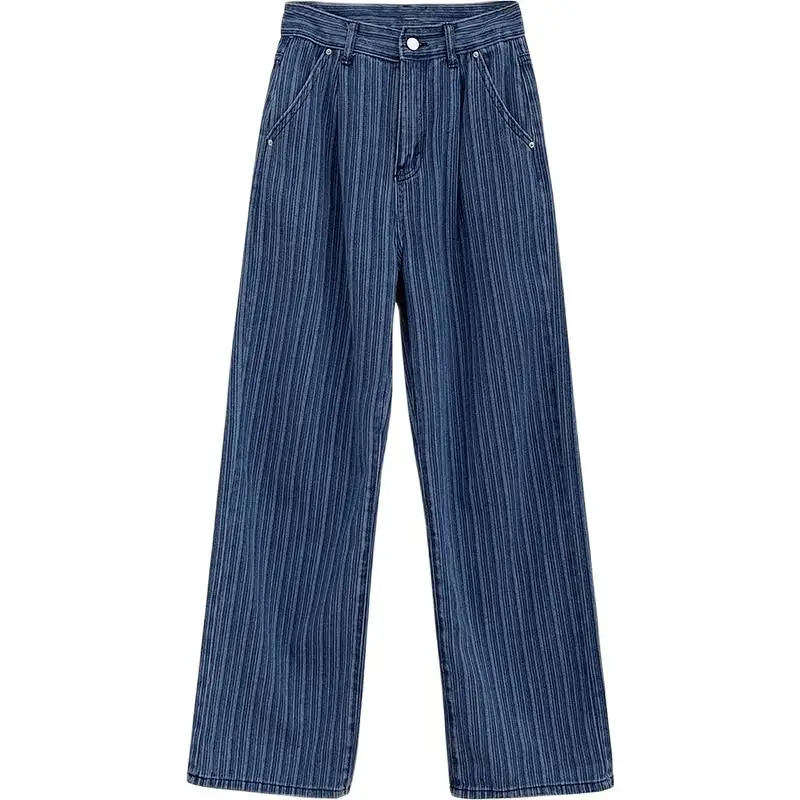 

Dark Blue Vertical Stripe Wide Leg Jeans Sping Autumn High Waist Straight Tube Loose Jeans Female Ropa Mujer 2021 New