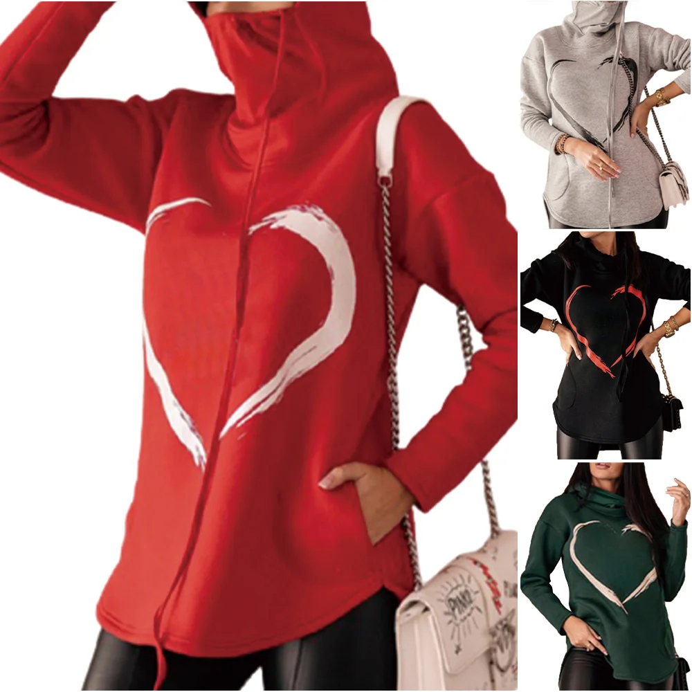 

VICABO Women Sweatshirt Heart Printed Hoodies Turtleneck Multifunction Long Sleeve Pullover Winter Spring Oversize Female Tops